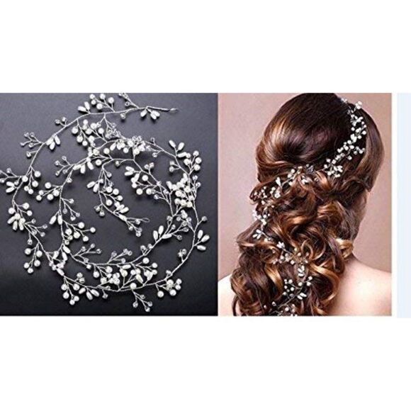 Bridal Hair Bands Crystals Wedding Headpieces, 20 Inches Pearl and Crystal Vine - Picture 7 of 9